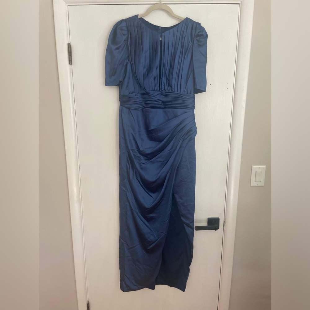 Mac Duggal Midnight Blue Satin Pleated Maxi Dress with High Slit - Picture 5 of 9